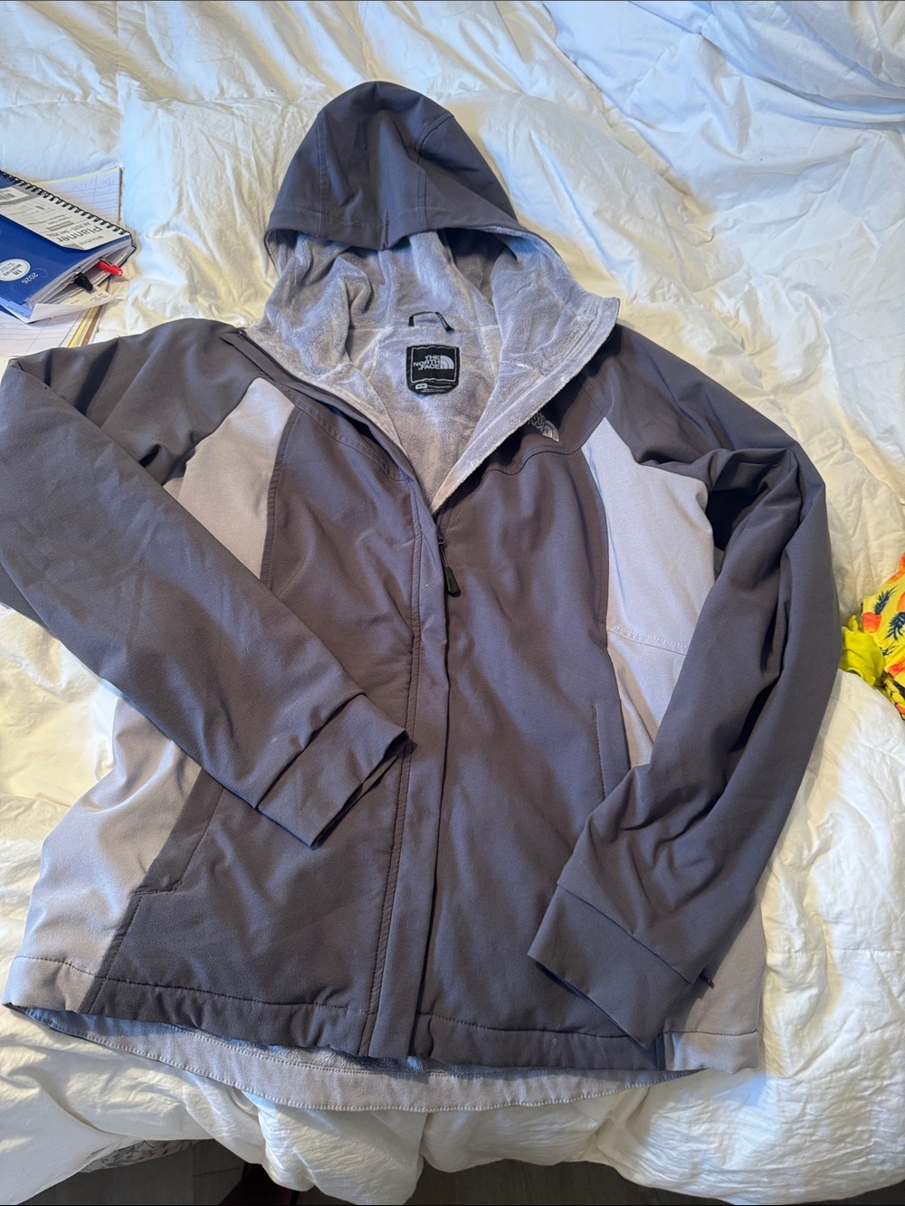 The North Face Gray Hooded Softshell Jacket with Light Gray Fleece Lining